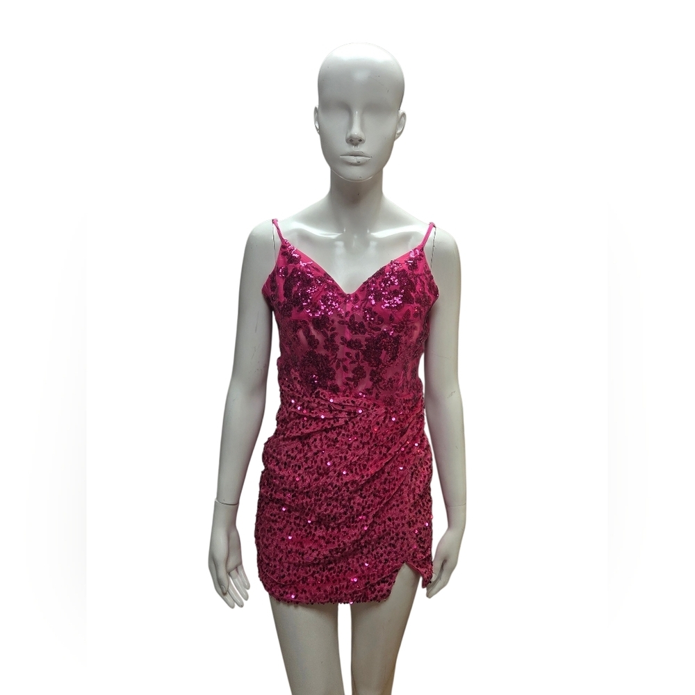 Pink Velvety Sequin Mini Dress With Small Side Slit, Slightly Sheer Top